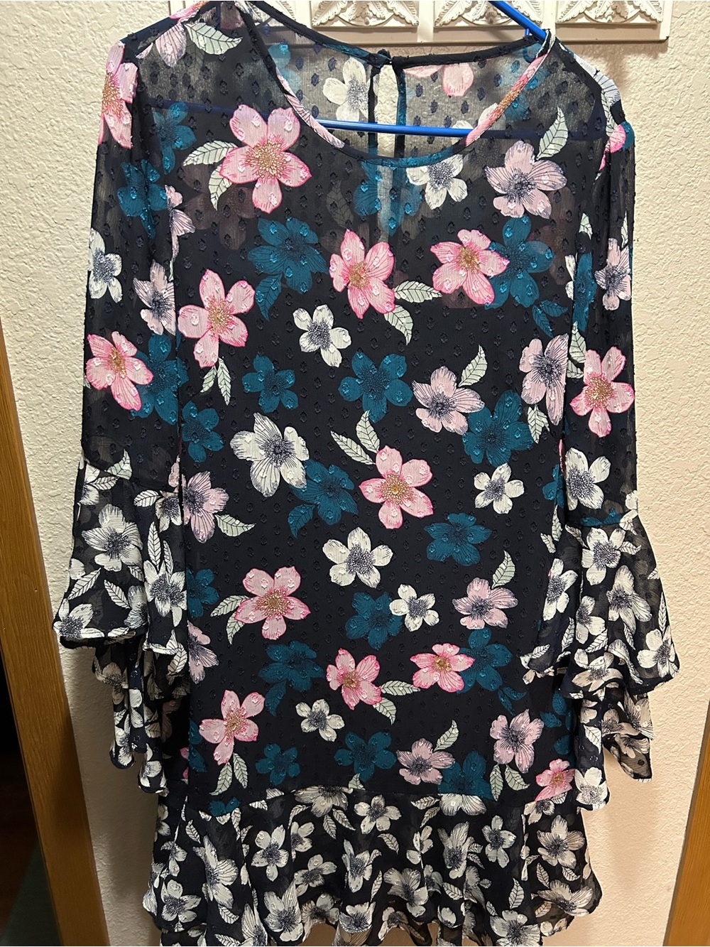 Eliza J Black Floral Midi Dress with Pink & Teal Flowers
